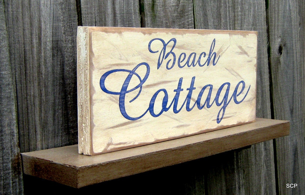 Beach Cottage Sign, Ocean, House, Cottage, Summer, Distressed, Shabby Chic, Antique White, Denim Blue Lettering
