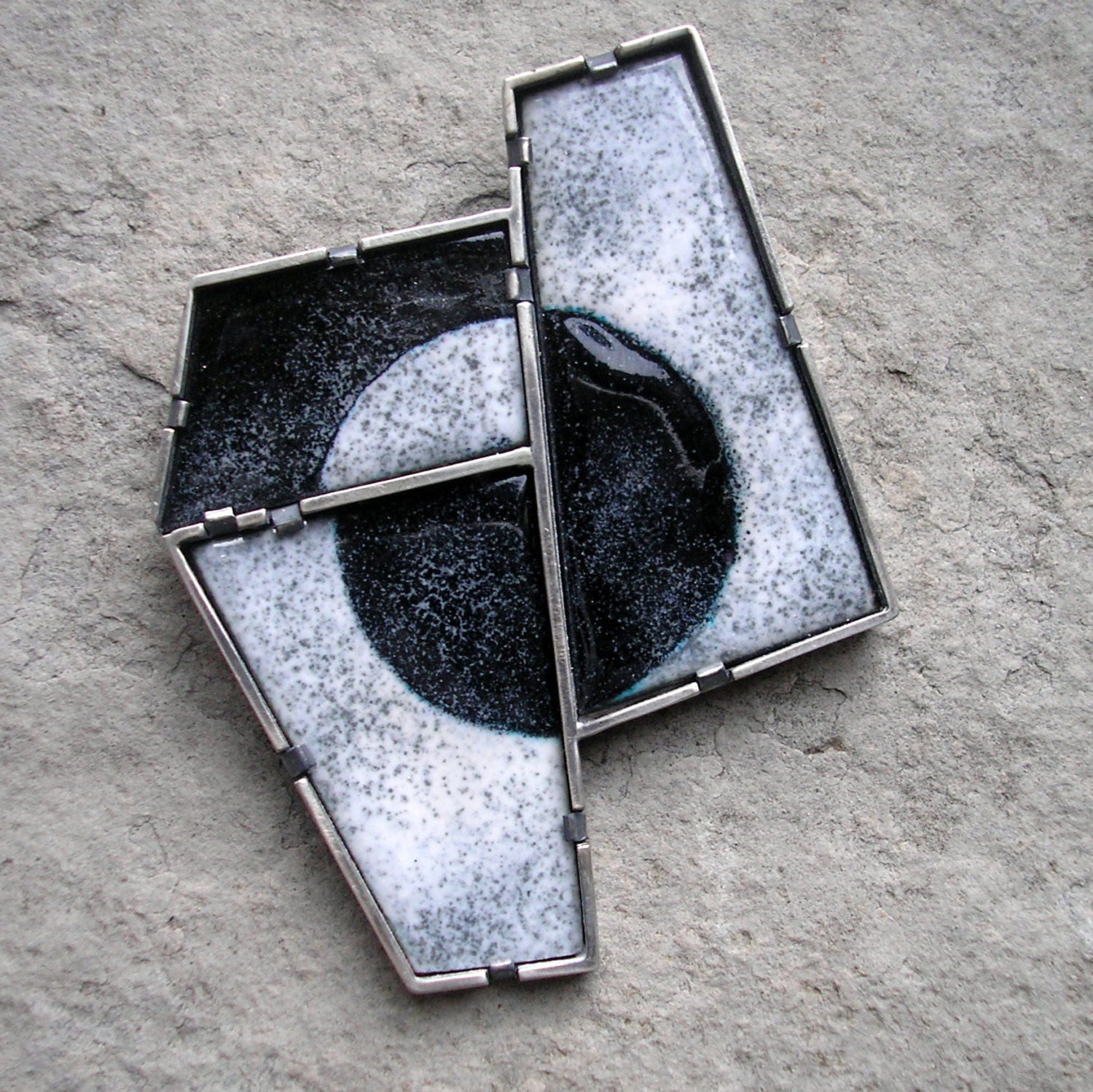 Enamel Brooch - Sterling Silver and Black and White Enamel - Modern Brooch - Cubist Brooch