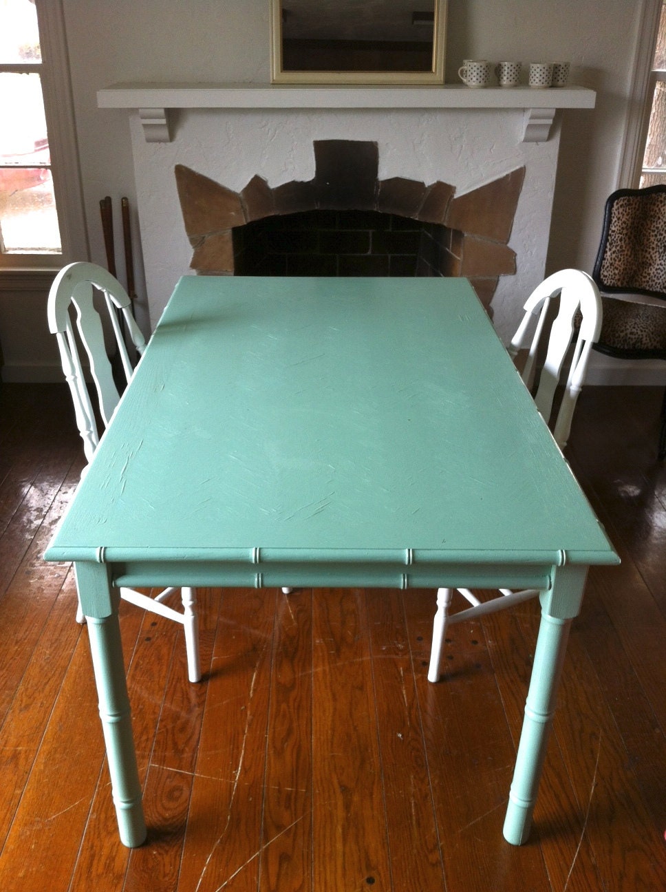 Vintage Wood DIning Table With Bamboo Cuff Detailing in Aloe