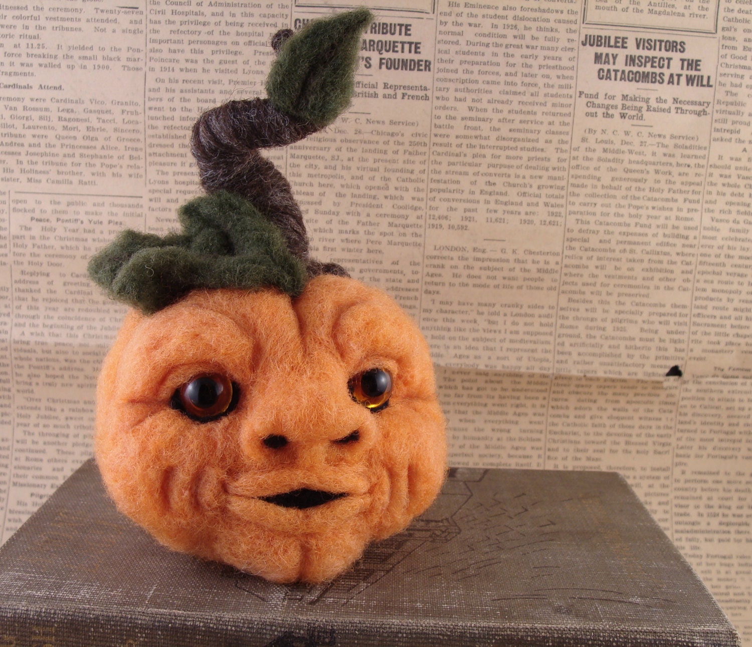 Needle Felted Pumpkin Jack O Lantern Soft Sculpture by Bella McBride OOAK