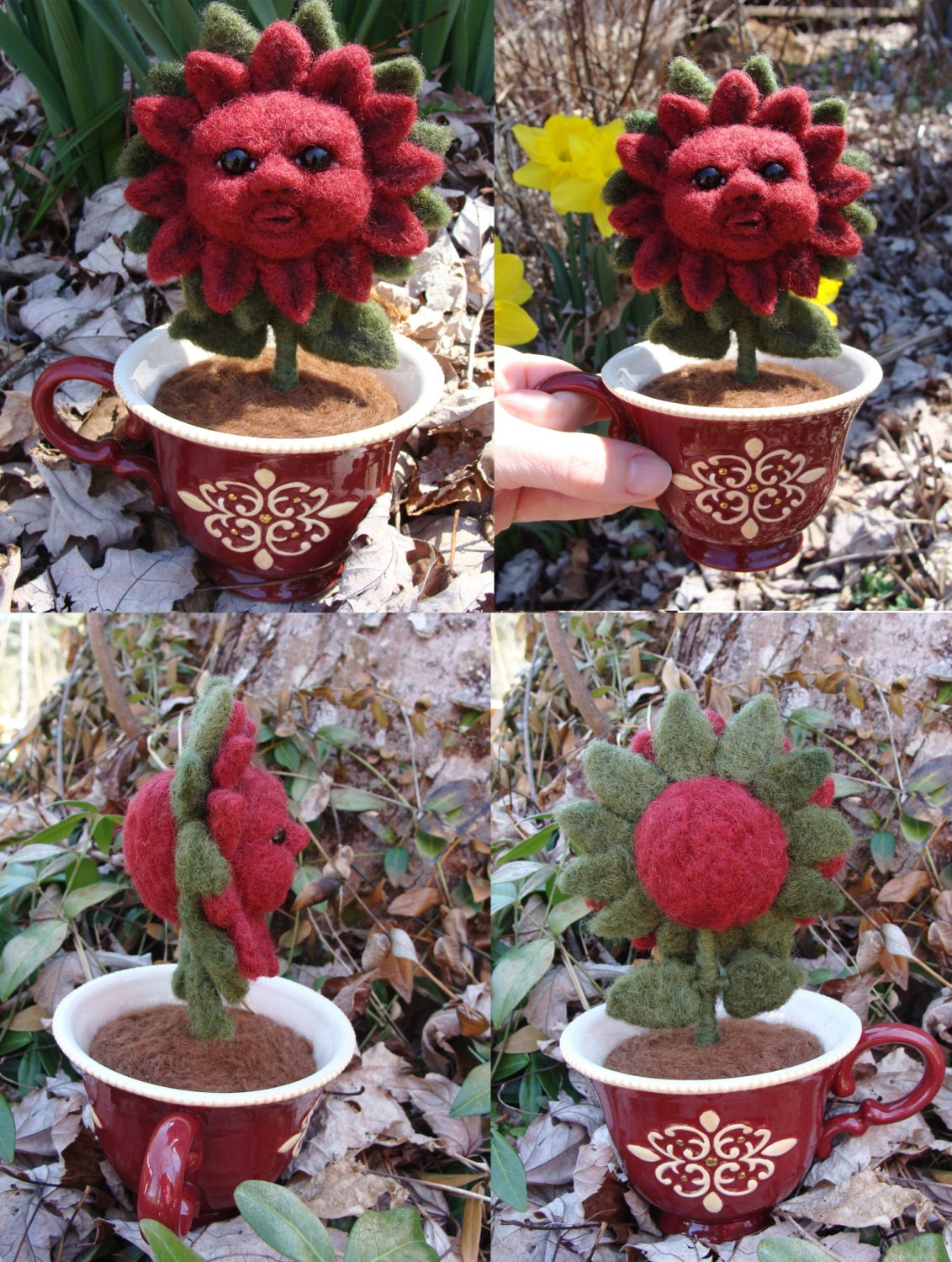 Needle Felted Anthropomorphic Garnet Red Flower Soft Sculpture Pin Cushion by Bella McBride