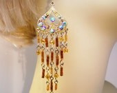 Vintage Earrings Chandelier Statement Long Dangle 80s AB Crystal Rhinestone Golden Amber Glass Beads Retro Bride Wedding Jewelry