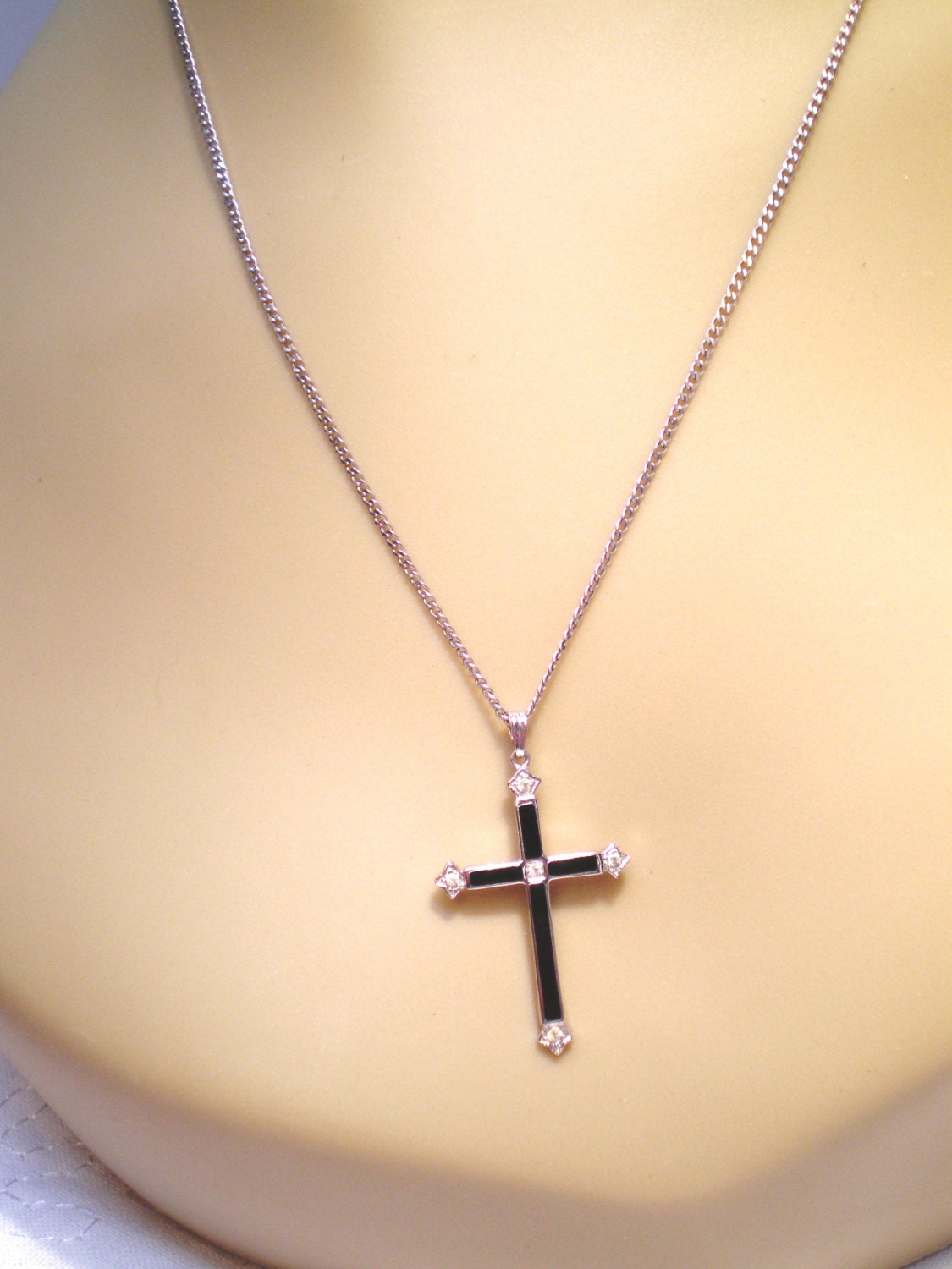 Vintage Necklace / Choker / Collar Religious Cross Sterling Silver Black Onyx Diamond Chips Elegant Victorian Fine Jewelry 1930s Gift 4  MOM