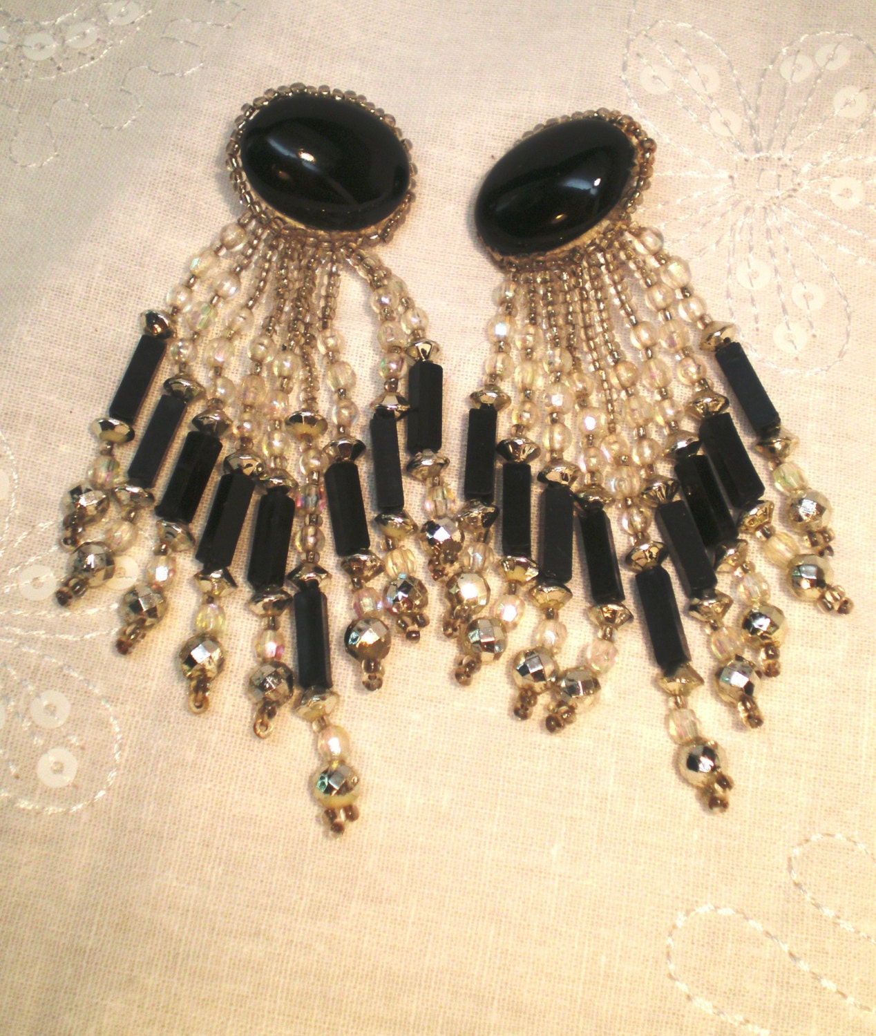 Vintage Earrings Long Dangles Silver N Black Beaded Large Black Cabochons Faceted Clusters Ab 80s Bold Retro Dive Disco Statement
