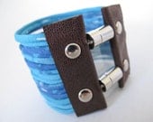 Fabric Cuff Bracelet - Ocean Blue Multi Strand Wide Recycled Scarf - size M