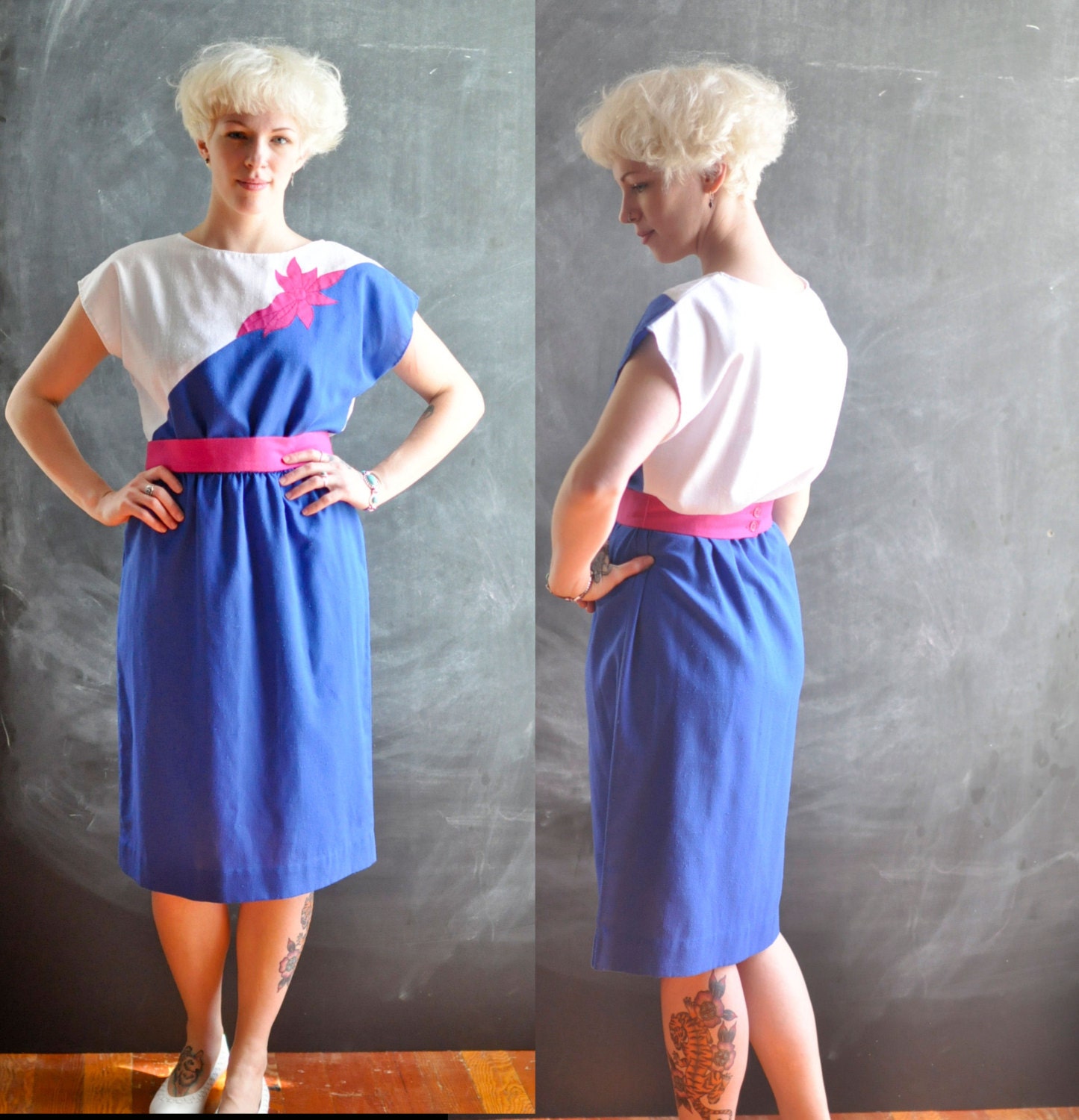 Vintage Retro Short Sleeve Dress Purple White with Fuschia Flower Applique