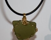 Wire Wrapped Sea Glass Pendant Necklace Authentic Olive Green Gold Artistic Wire Brown Leather Cord .925 Sterling Silver Lobster Clasp 18"