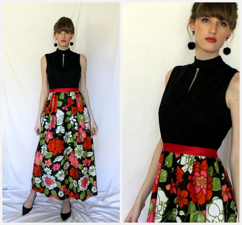 1960s Black Keyhole Floral Maxi Dress - Vintage - Bold Pink Red Olive- Swanky Elegant Party - XS  Small
