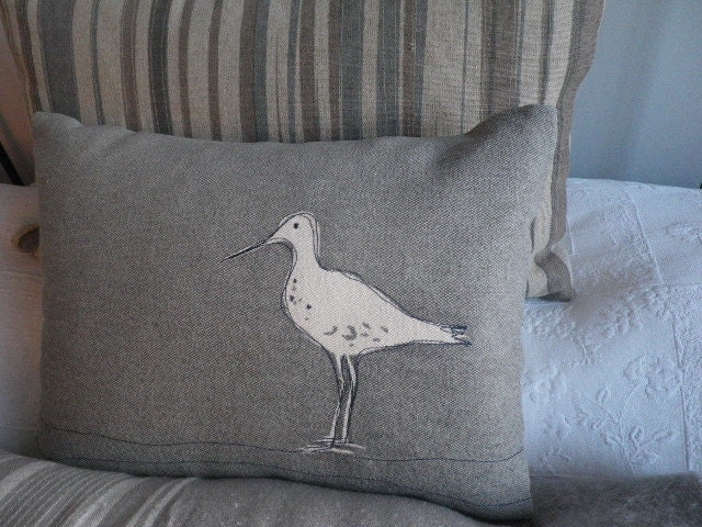 hand printed dove grey wading bird cushion