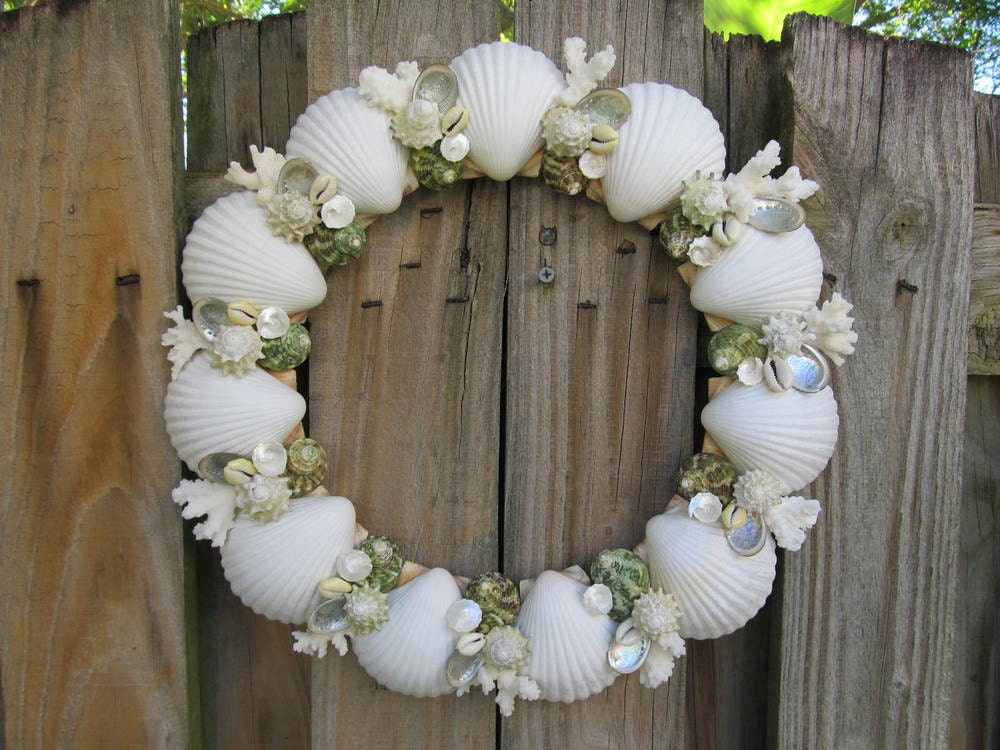 Beach Decor Seashell Wreath with White, Green and Pearled Shells and White Coral