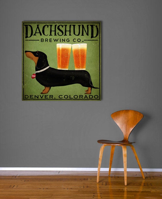 DACHSHUND Wiener Dog Brewing Company graphic art Stretched Canvas Wall Art  24x24x1.5 inches SIGNED - nativevermont