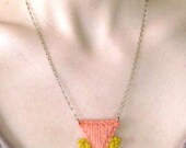 Triangle Geometric Cross stitch Necklace - Gold Yellow and Pink Wool Yarn