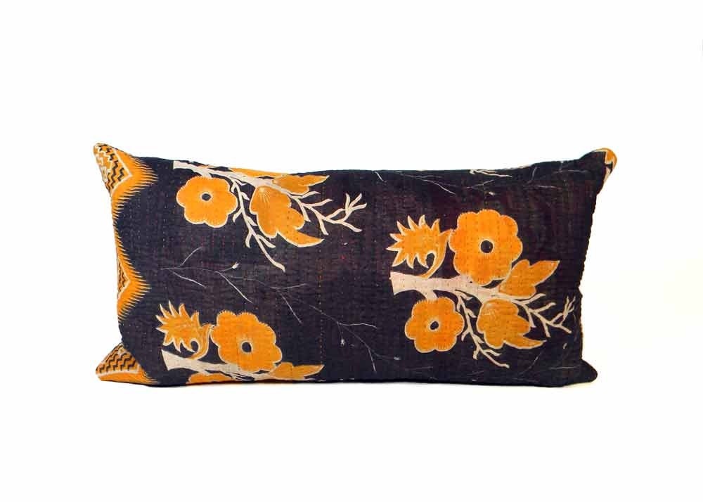 Vintage Kantha Pillow - Bright Gold and Indigo Flora - 12x22