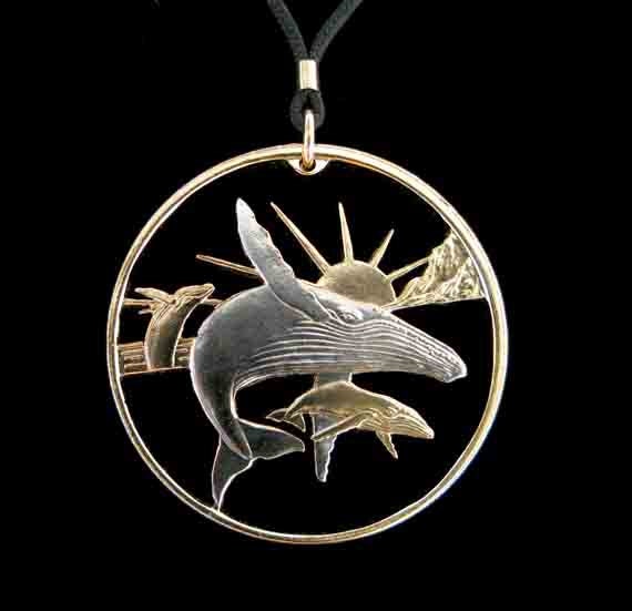 Cut Coin Jewelry - Maui Hawaii - Three Humpback Whales - Pendant