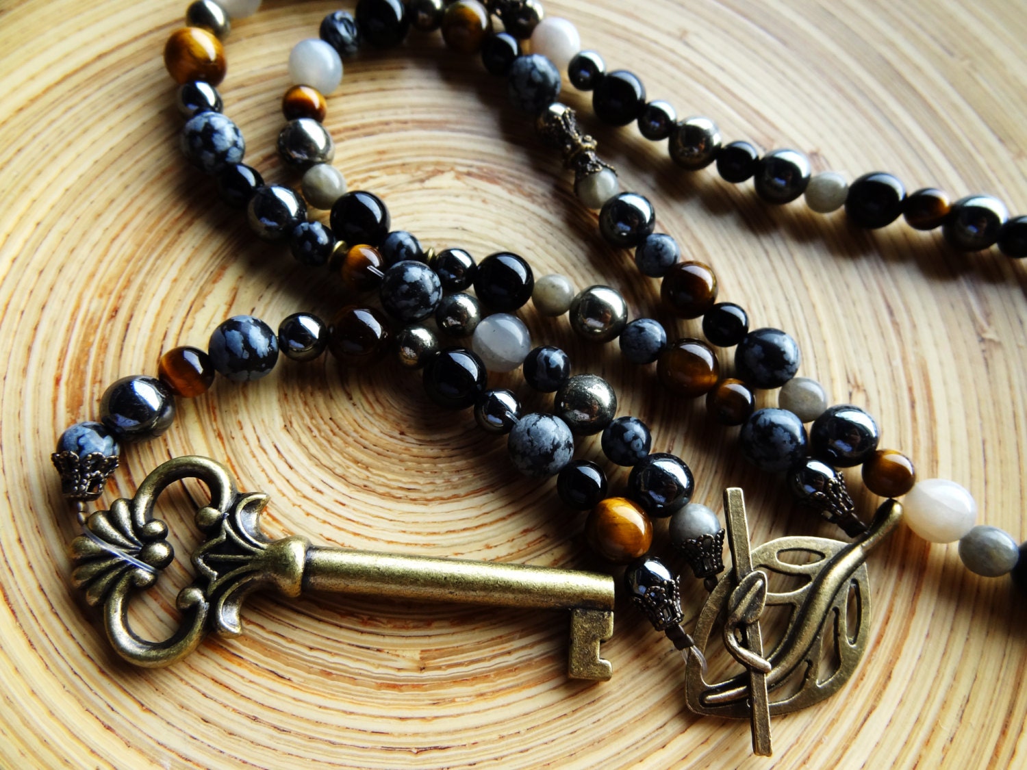 Antique Gold Brass Skeleton Cabinet Key Rosary Lariat Leaf Clasp Tiger Eye Necklace