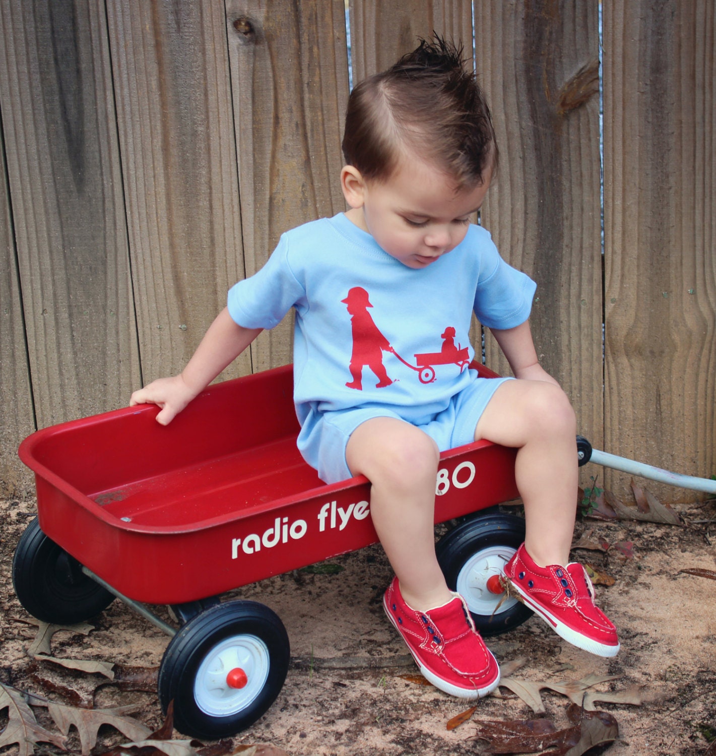 Boy with a Wagon Nostalgic Graphic Tee Onesie / Romper in Short Sleeves - Sky with Red Free Shipping