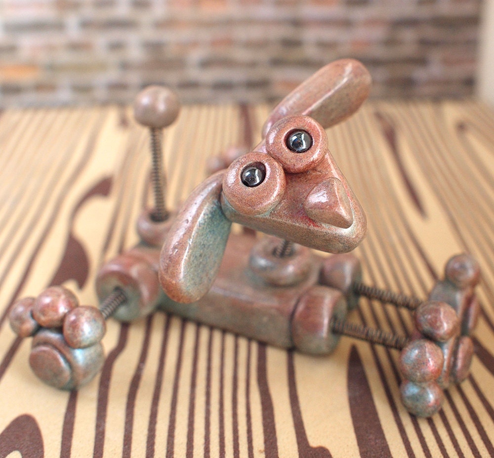 Mini Robot Dog Sculpture Faux Stoneware Puppy - Clay, Wire