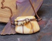 Petrified Wood Pendant Necklace- Aragonite- Snow Quartz- Solid Copper- Wire Wrapped- Tan- Creamy Swirls- Ancient Wood- Antiqued