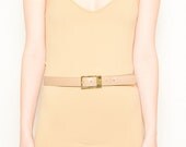 80s Taupe Tan ANNE KLEIN Belt - 1980s Classic Chic Skinny Belt Gold Lion Head Buckle - M 8 10 12