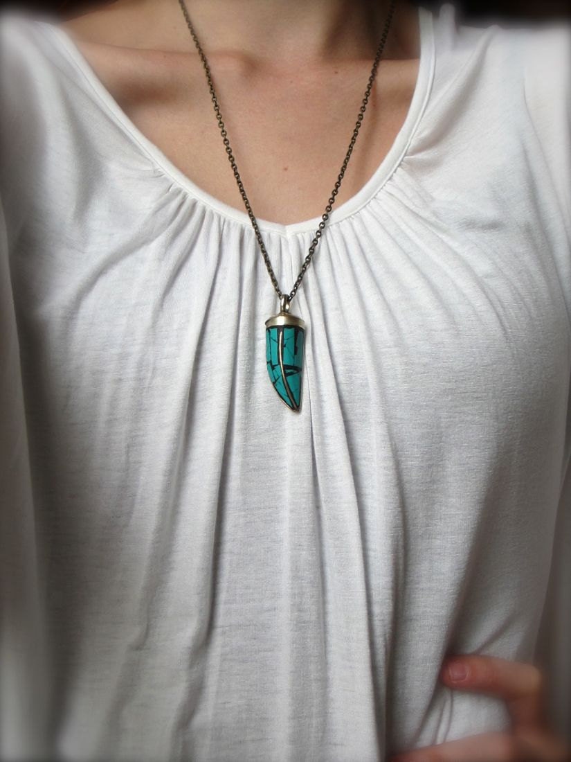 Turquoise Tooth Mosaic Pendant on Chain - India Handmade Pendant - Brass Inlay Mosaic Pendant