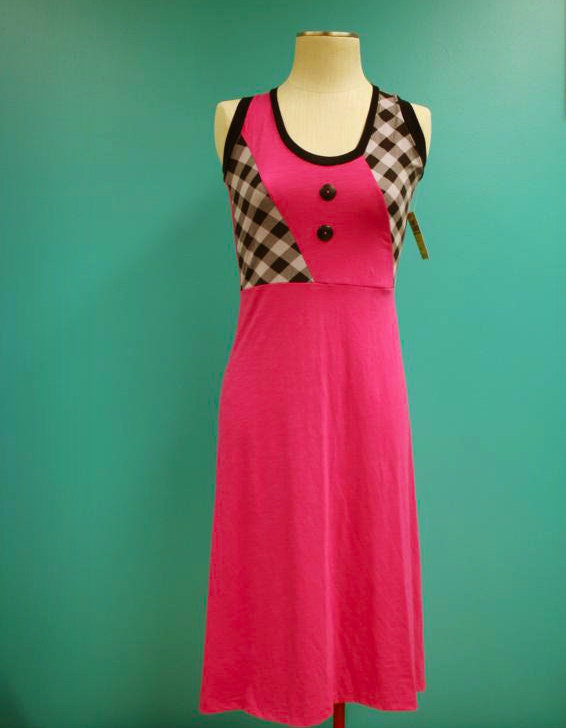 Pink Black Gray Houndstooth Plaid Summer Dress - Size Small.