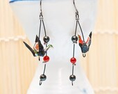 Origami earrings crane in red and black with red carnelian and hematite eco-friendly jewelry -130013