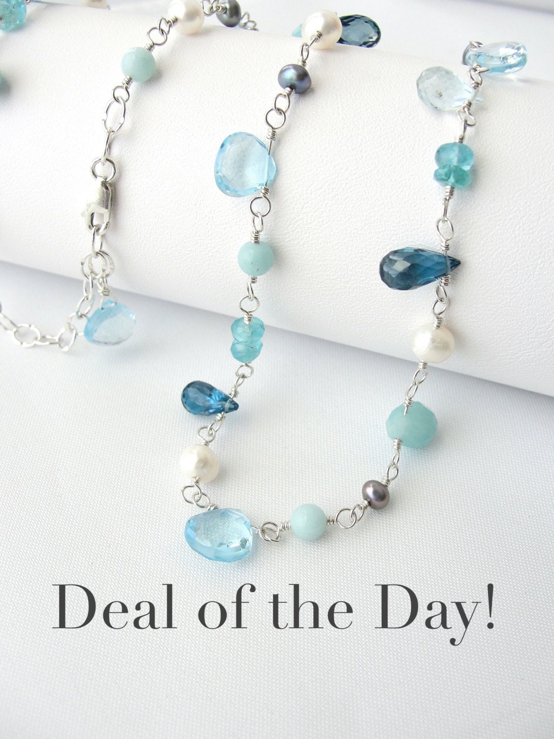 Blue Gemstone Beaded Necklace in Sterling Silver, Multi Semiprecious Gemstone Jewelry, Topaz, Aquamarine, Apatite, Aqua Amazonite, Pearls