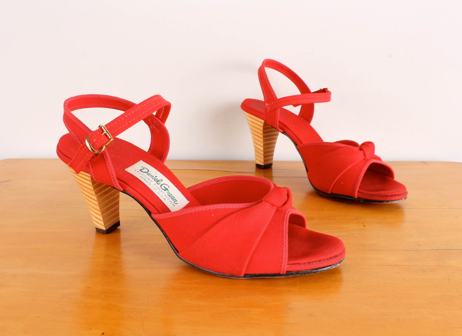 1970s Wooden Heeled Sandals - Womens 6.5 - Red Canvas Open Toe High Heel Ankle Strap 70s Sandals Vegan Daniel Green Summer Footwear Textile