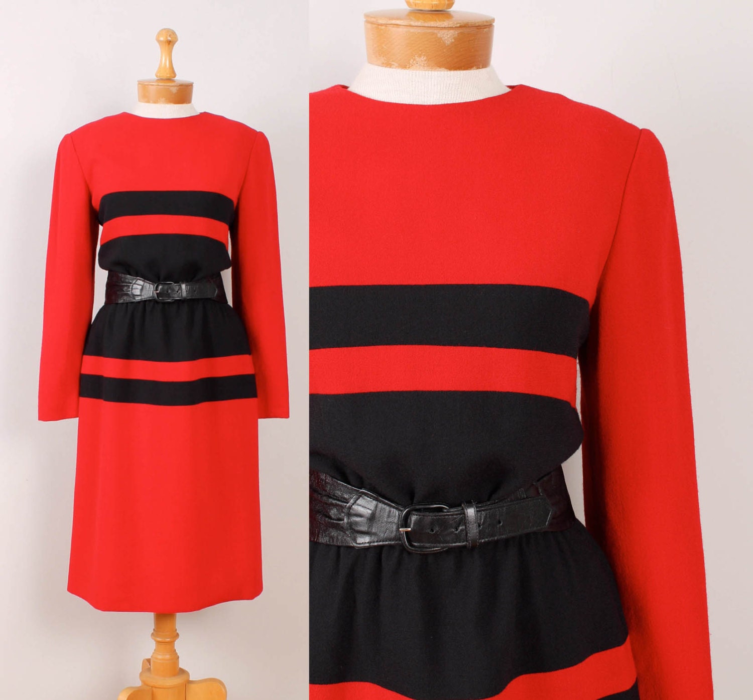 1980s Striped Wool Dress - Womens M / L - Wayne Kastning for Helga 80s Colorblocked Wool Crepe Long Sleeve Power Dress Stripes