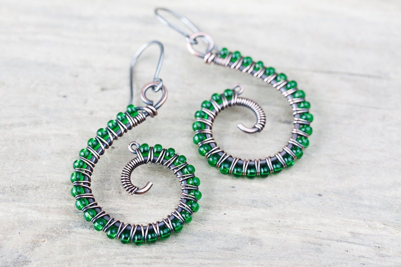 Vivid green earrings, wire wrapped copper earrings, handmade pure copper spiral, kelly green glass seed beads, oxidized copper jewelry