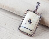 Unique Natural Stone Pendant, Small painting jasper pendant, Earthy desert brown yellow picture jasper, Antique copper, abstract nature art
