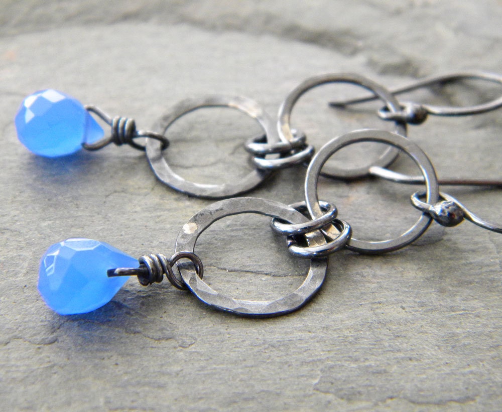 Cerulean Blue Copper Earrings Glass Teardrop Dark Oxidized Copper Circle Links Handmade Artisan Jewelry