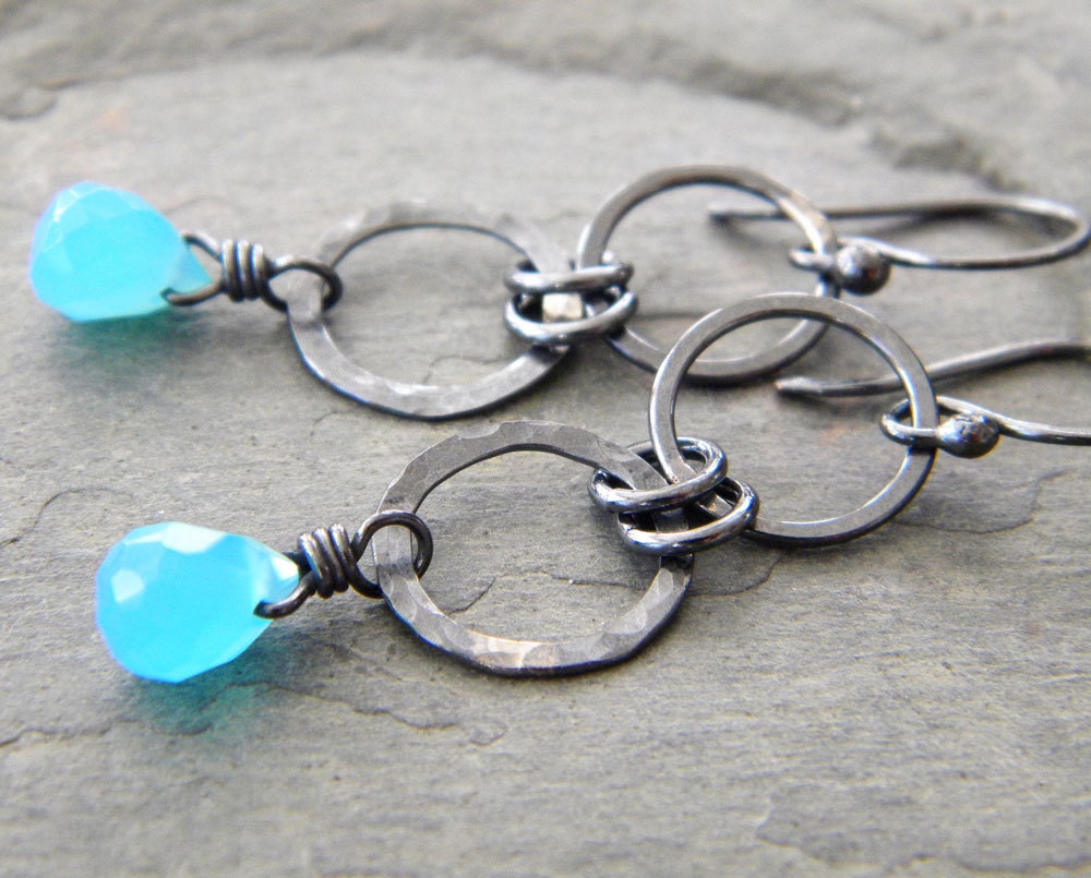 Aqua Blue Copper Earrings Double Circle Link Dark Oxidized Glass Teardrop Long Dangle Artisan Jewelry