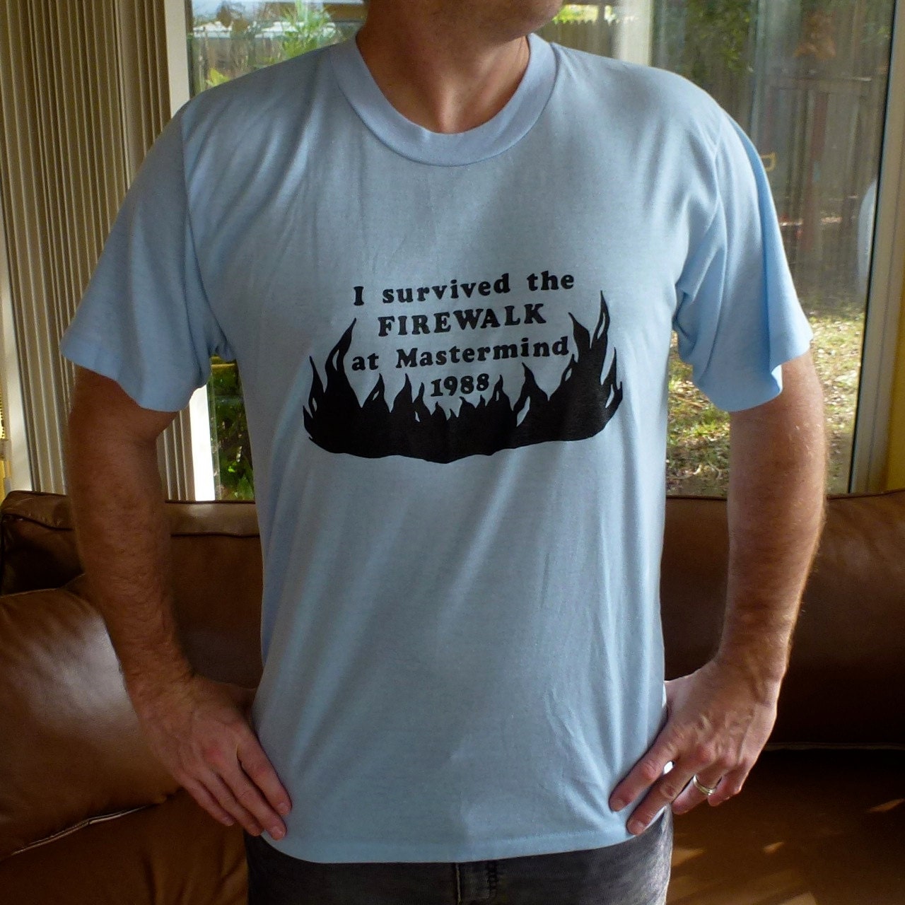 Vintage tee I survived fire walk 1988 - soft blue shirt mastermind
