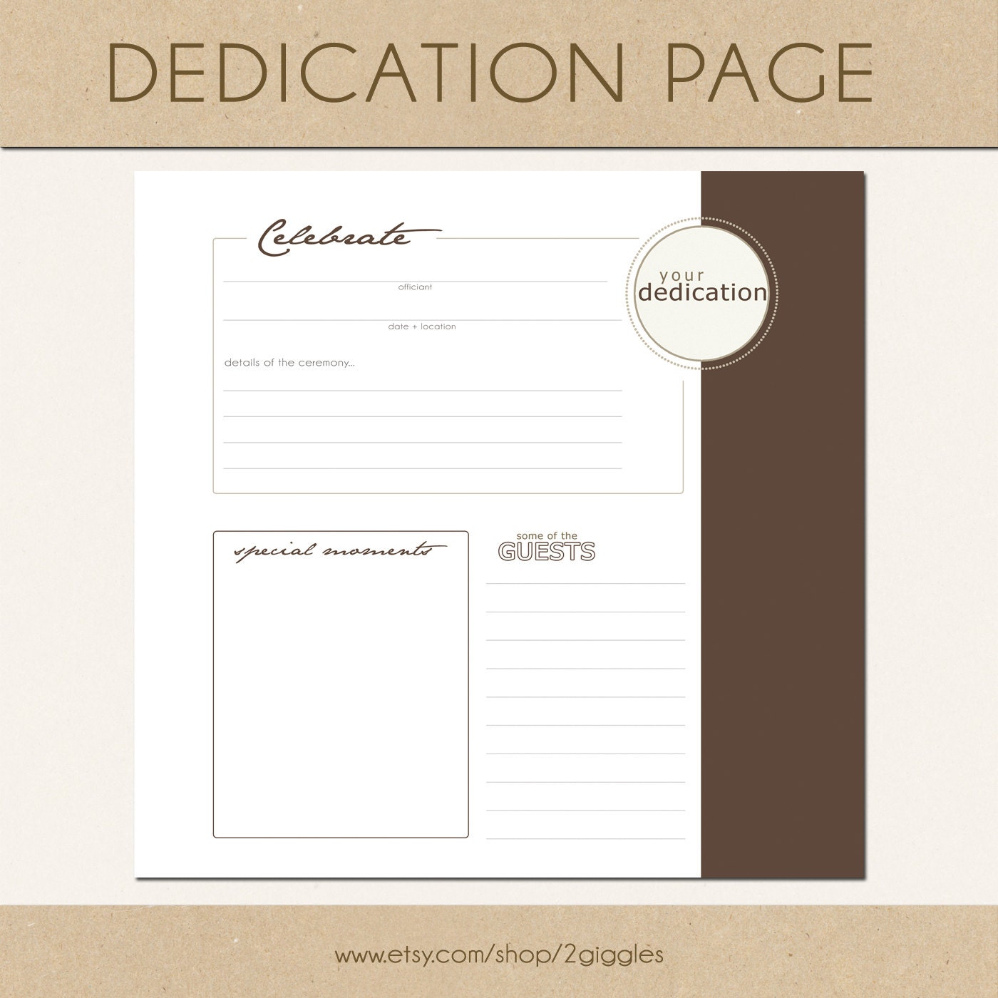 Dedication Page (BROWN)  - Include in your Two Giggles Baby Album