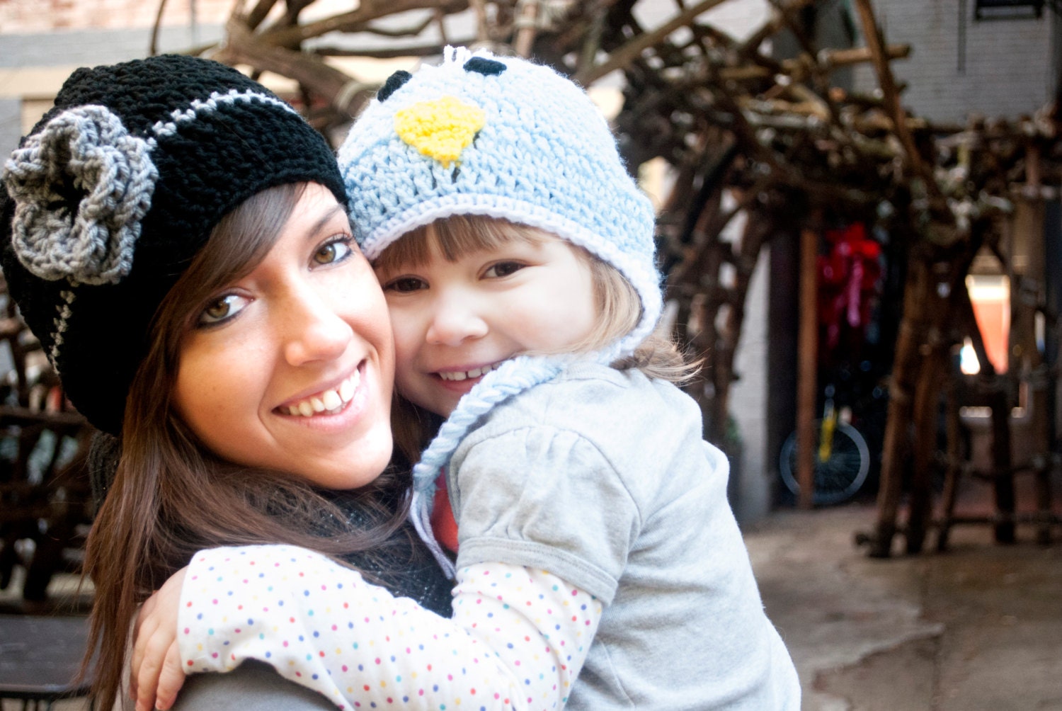 Crochet Beanie with Flower - Striped beanie black grey hat adult hat baby infant toddler flower photography prop winter hat custom beanie