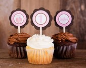 Owl Birthday Party Decorations - Owl Cupcake Toppers in Pink & Brown