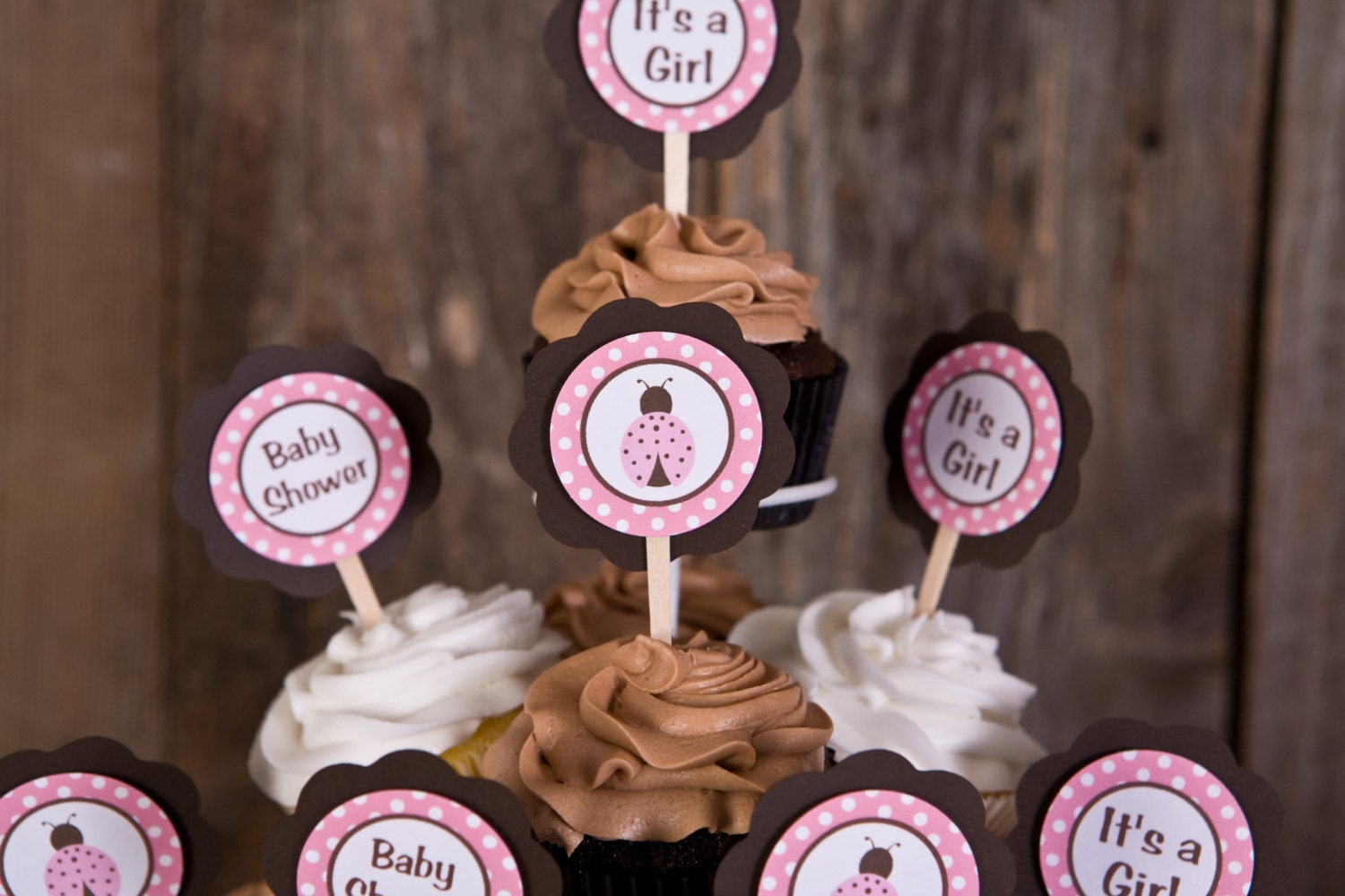 Ladybug Theme Cupcake Toppers - Ladybug Baby Shower Decorations in Pink & Brown (12) Il_570xn