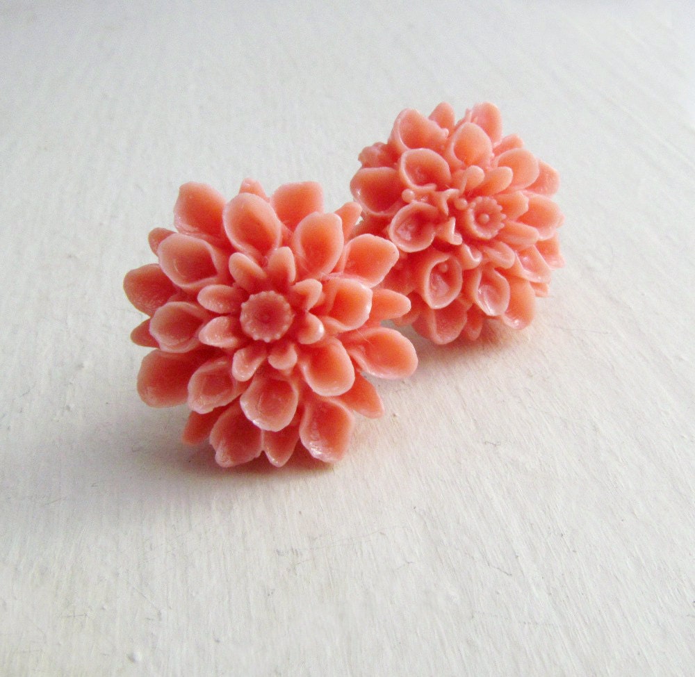 Coral Flower Earrings Shabby Chic Flower Dahlia Flower Post Studs Bridesmaid Jewelry Sterling Silver Wedding Earrings - Coral Dreams