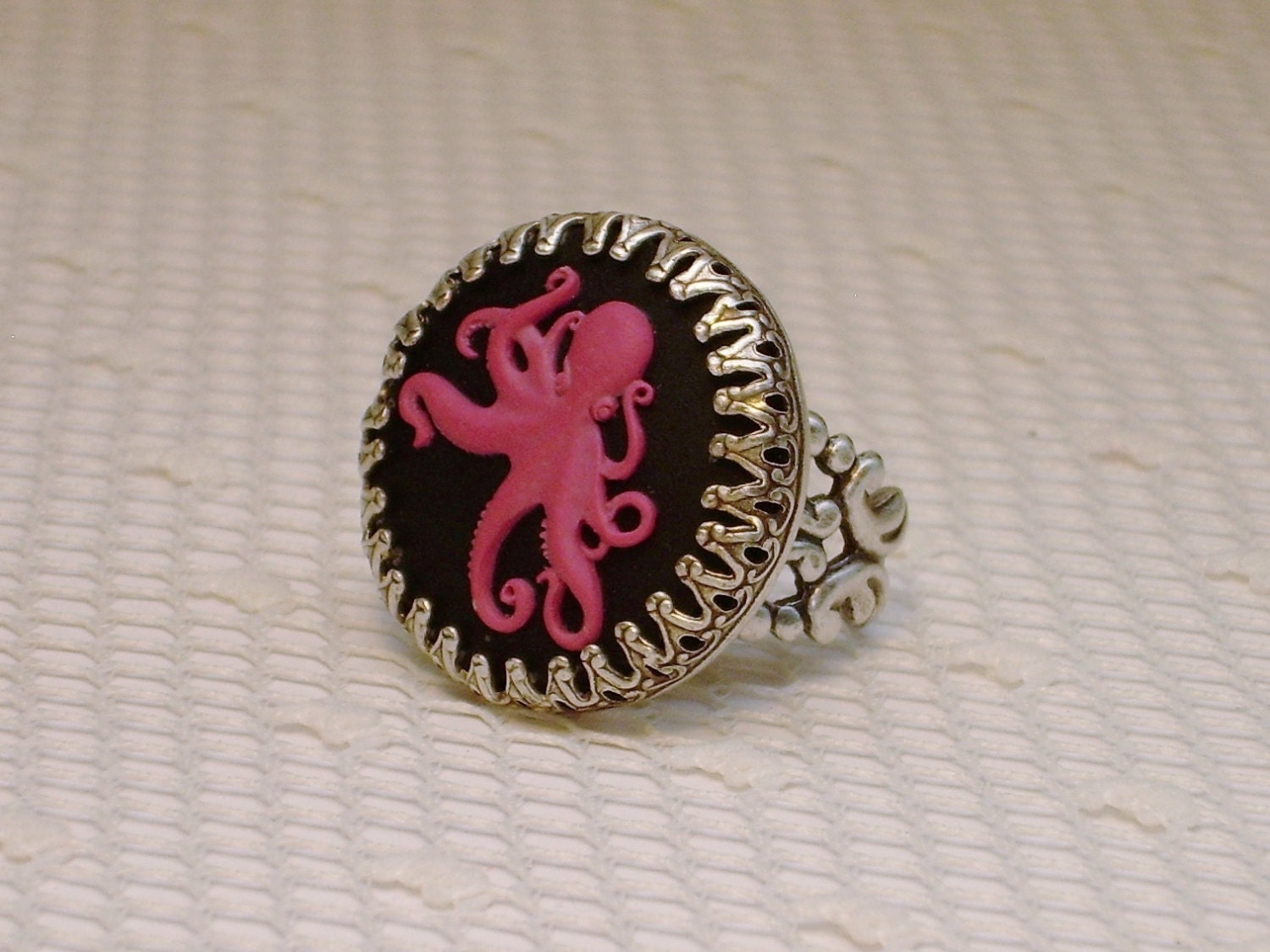 PINK resin cameo OCTOPUS Ring adjustable Steampunk Nautical Jewelry