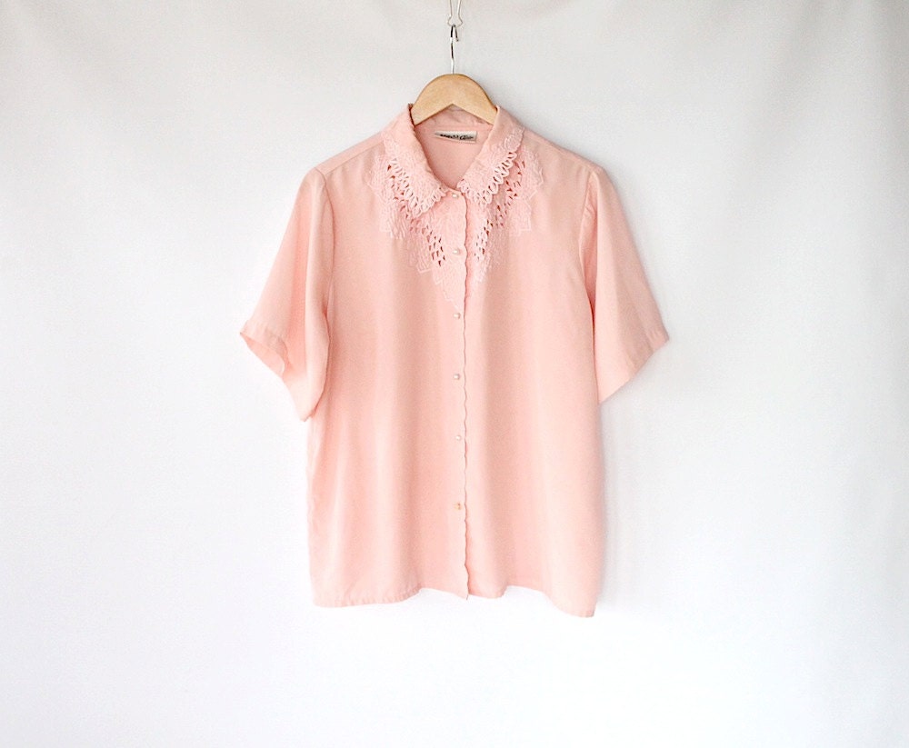 Vintage 80s Pale Pink Silky Cut Out Lace Collar & Yoke // Spring Blouse