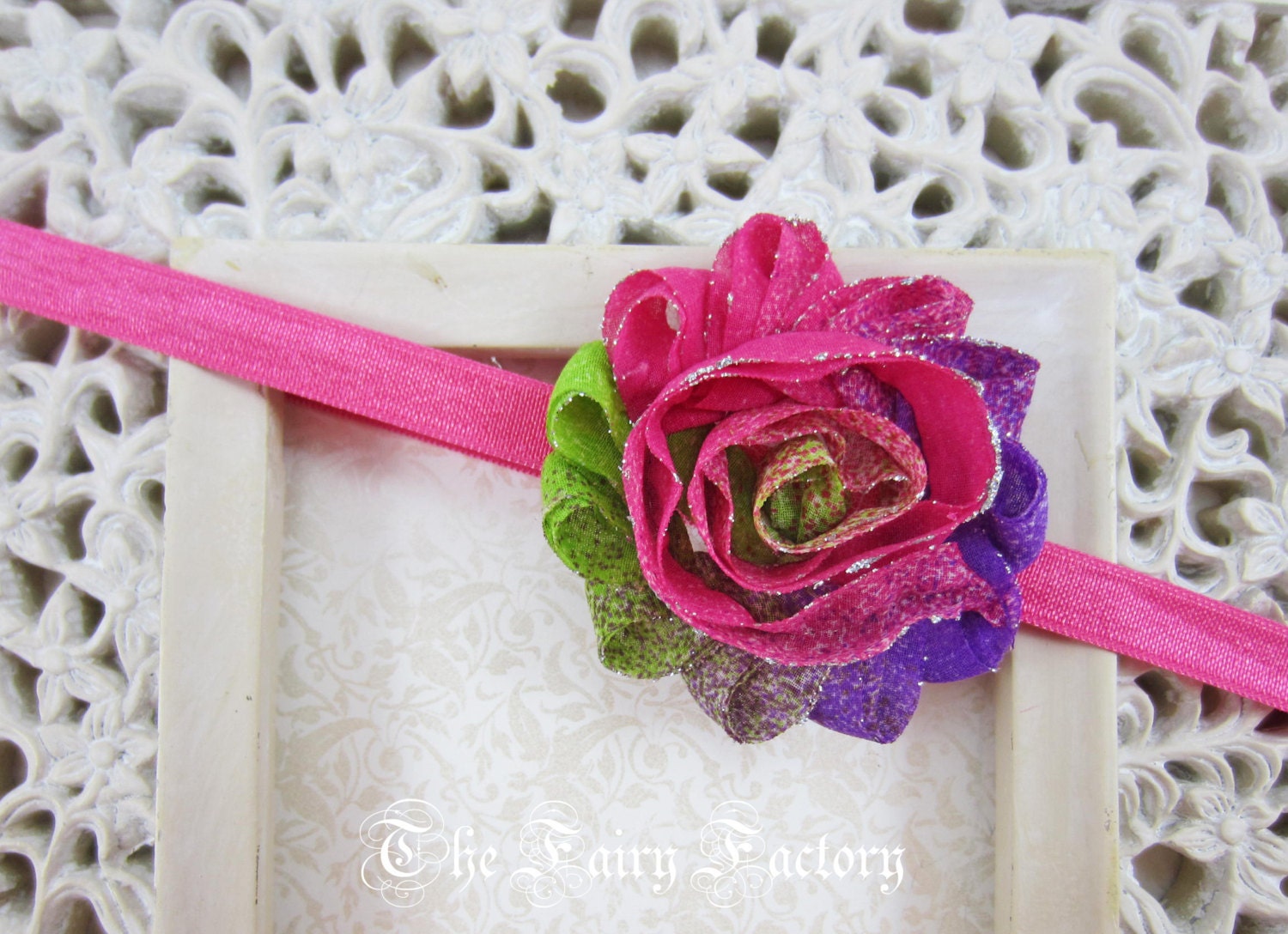 Purple, Lime Green, and Hot Pink Glitter Flower Headband, Multicolored  Chiffon Rosette Headband or Hair Clip, Baby Child Girls Headband