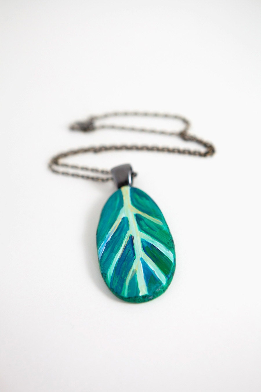 Turquoise Teal Gold and White Botanical Leaf OOAK Pendant and Necklace - Woodland, Hipster, Boho, Chic, Nature Pendant by Kimberly Kling