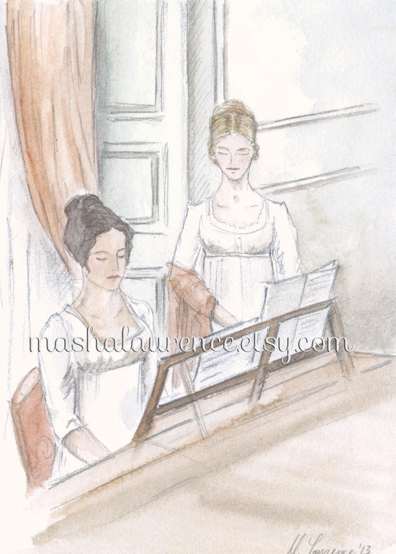 Elizabeth and Georgiana at the piano.  Art print. 5x7.