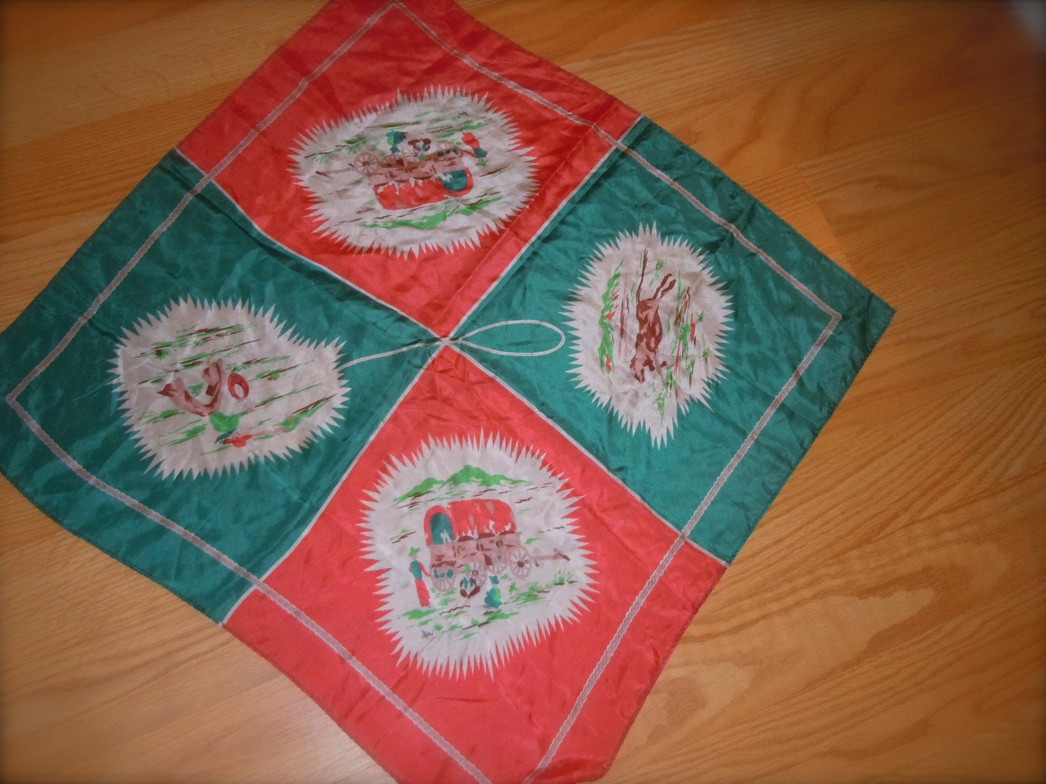 Vintage 1940's COWGIRL Silk Screened Scarf -- Retro Western -- Rockabilly