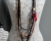 OOAK fabric necklace by Fairytale13 - up-cycled lace and gold beads - gothic wearable art black whimsy boho eco-friendly statement