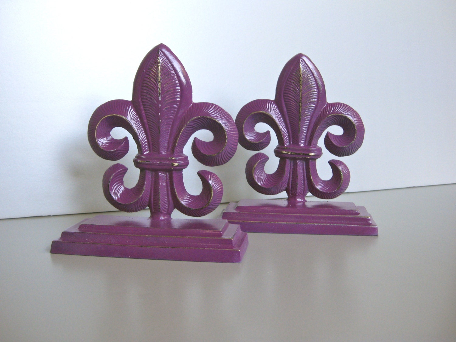 Fleur De Lis Bookends, Paris Decor, French Decor, Purple Bookends, New Orleans, Metal Decor, Plum, Shabby and Chic