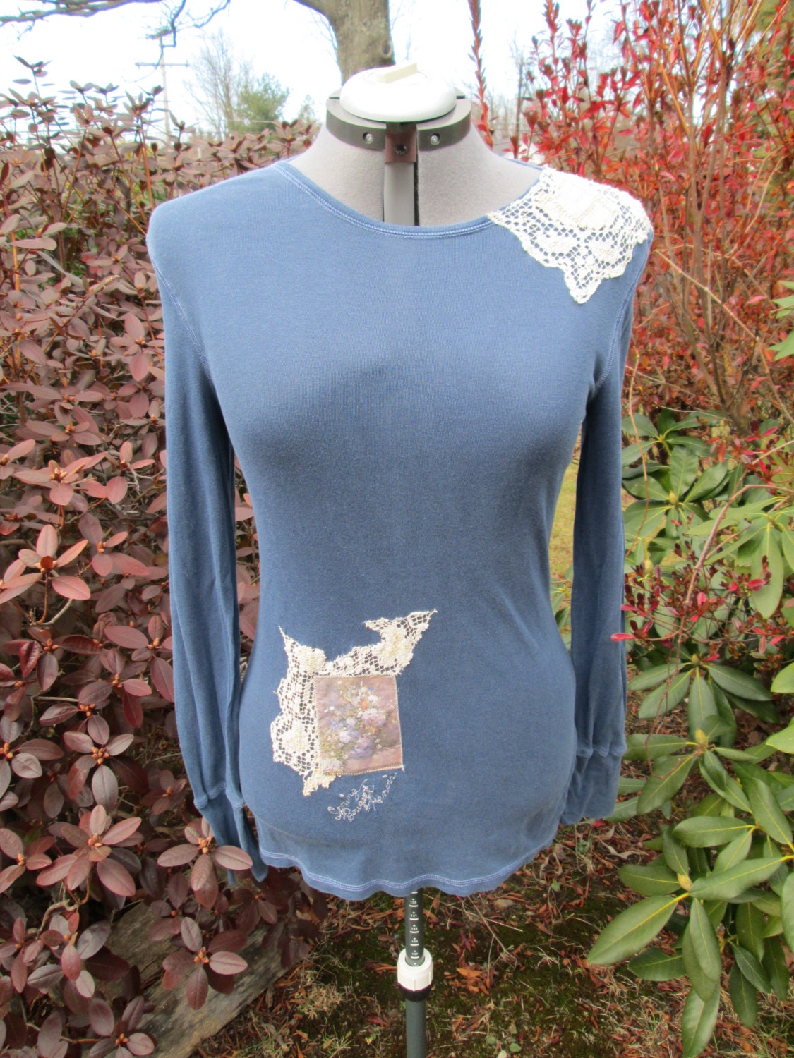 Renoir Spring Bouquet   Womens, OOAK, Art Collage Clothing,  steel blue, vintage lace and free motion embroidery  Size Large