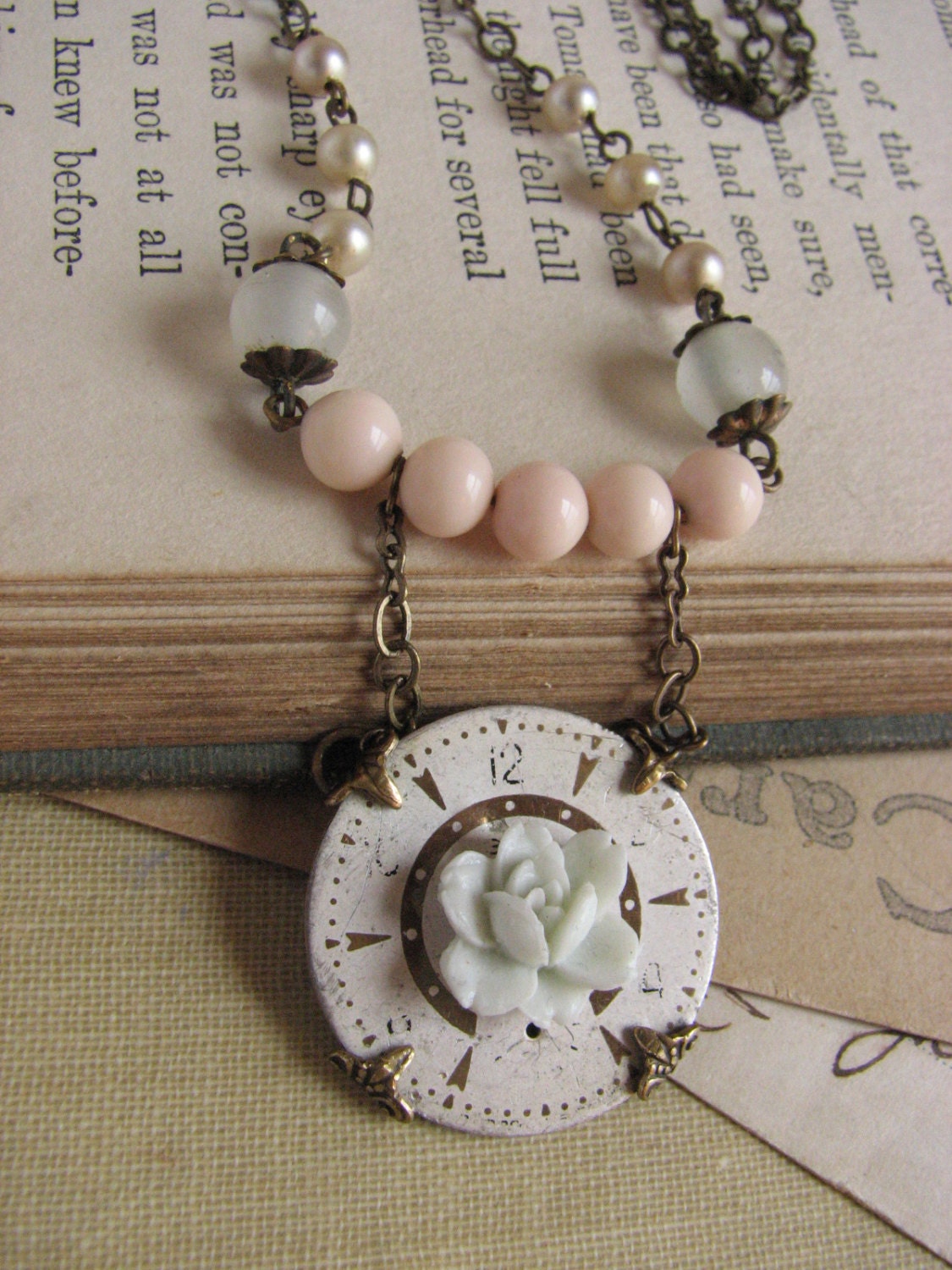 Shabby Chic Watch Face Assemblage Necklace -repurposed vintage, Steampunk, peach, mint rose
