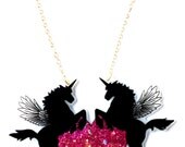 Unicorn Pegasus Necklace & Bright Pink Glittery Rainbow Heart - Pretty Holographic Pink Sparkle - Winged Horse / UniPeg / PegaCorn / Alicorn